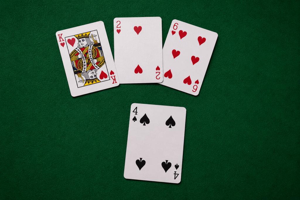 A four of spades winning a trick over the king of hearts and two other hearts