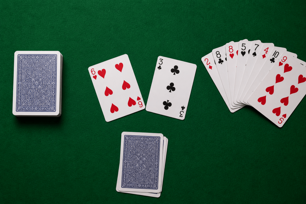 Two cards drawn from the stock, one heading to a player's hand and one to the discard pile