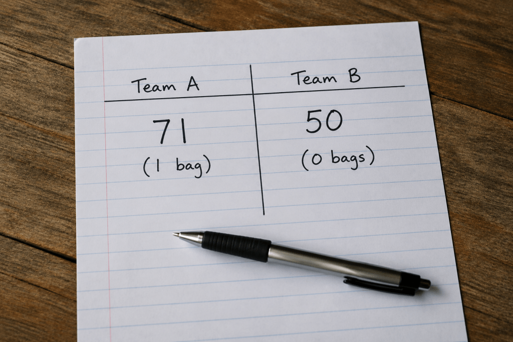 A handwritten scoresheet showing Team A with 71 points and one bag, Team B with 50 points and no bags